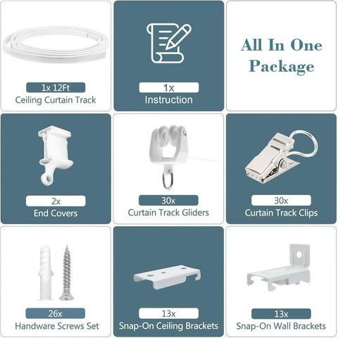 Flexible Bendable Curtain Track Ceiling And Wall Mount Kit Easy Install 12 Foot Sliding System For RV Bay Shower Curtain Rods White Durable Aluminum Includes Mounting Brackets And Hardware, kit parts layout