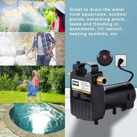 Beast Of A Portable Cast Iron 1/2 HP Water Transfer Pump With Built-In On Off Switch displayed outdoors with usage examples.