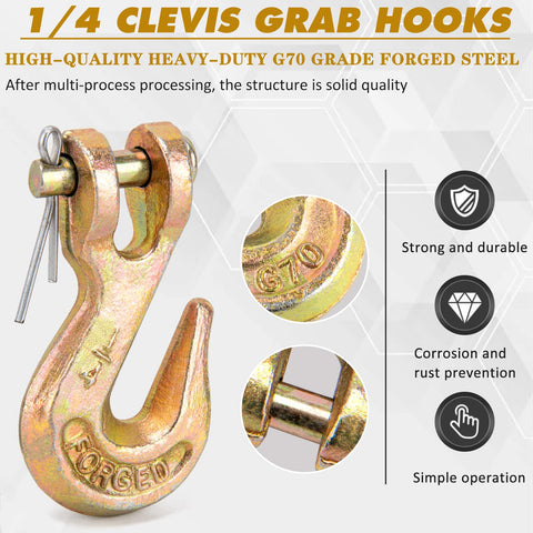 Heavy Duty 1/4 Inch Chain Hooks Set With 3600 Lbs Working Load G70 Clevis Grab Hooks For Trailer Tow Truck Marine Use Yellow Chromate Finish