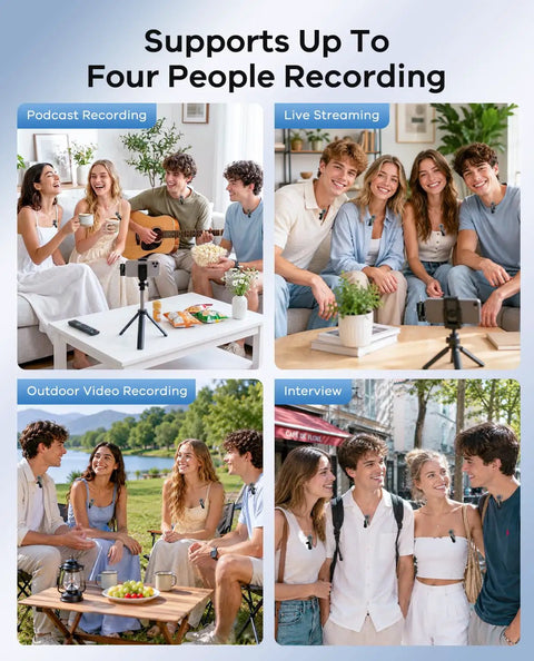 Four Pack Wireless Lavalier Microphones Kit for iPhone Android and Cameras in podcast, live stream, outdoor, interview settings