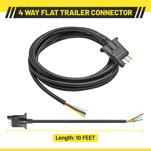 10Ft Trailer Side 4 Pin Flat Wiring Harness With Jacketed Cable Heavy Duty 18AWG Pure Copper Wires Standard 4 Pin Trailer Plug