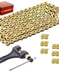 415H 110L Motorized Chain With Chain Breaker And Master Link Kit for 49cc-80cc bikes, gold finish, shown with accessories