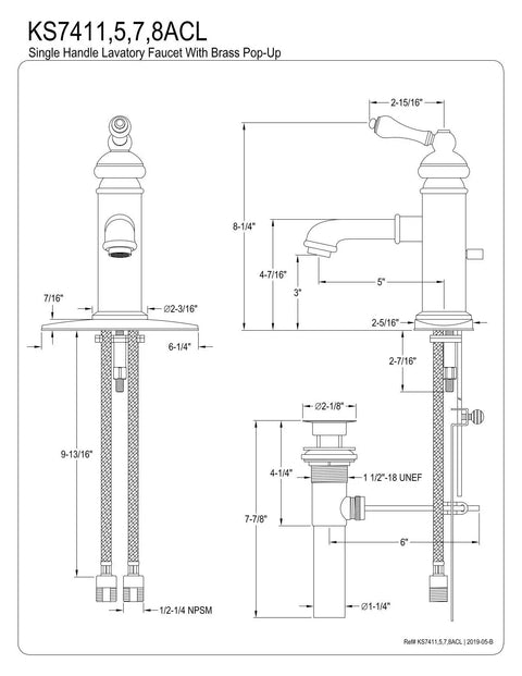 Technical diagram of American Classic Brushed Brass Bathroom Faucet With Solid Brass Build, Drip-Free Ceramic Disc, 1.2 GPM