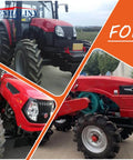 Collage of red tractors in various views, showcasing front, side, and angle perspectives for farming use.