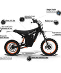 Soleil01 Electric Dirt Bike For Adults With Black Suspension Fork, 2000W Brushless Motor, annotated with key features.