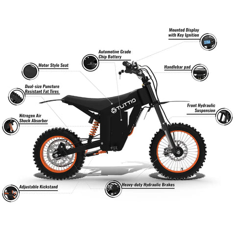 Soleil01 Electric Dirt Bike For Adults With Black Suspension Fork, 2000W Brushless Motor, annotated with key features.