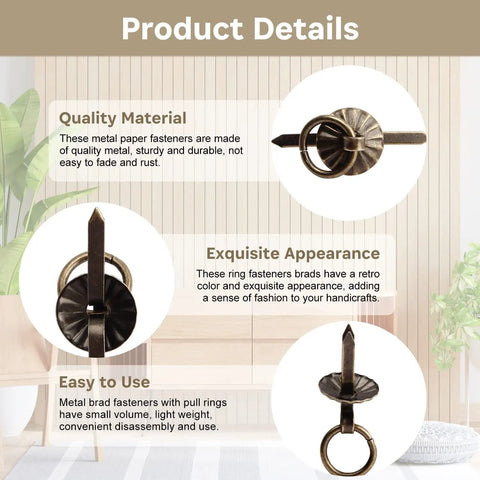Mini Pull Ring Metal Brad Fasteners Set In Old School Bronze, shown with pull rings and detailed circles, for craft projects
