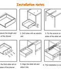 Installation steps for Heavy Duty 3 Fold Full Extension Drawer Slide With Lock Side Mount, showing measurements and drilling guides.