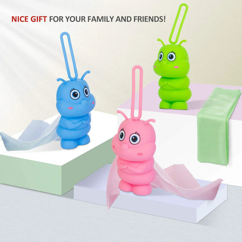 bqover portable microfiber cleaning cloth, worm-shaped silicone keychains in blue, pink and green with long loops