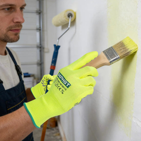 Heavy Duty Micro Foam Nitrile Work Gloves With Hella Breathable 15 Gauge Nylon Shell And Killer Tiger Stripe Grip For Auto Repair And Precision Mechanical Assembly Tasks Pack Of Three X Large in use while painting a wall.