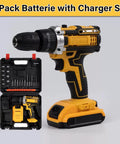 Heavy Duty Rechargeable Cordless Power Drill Packing A Slick Brushless Motor With Turbo Torque Control And Smooth Variable Speed Trigger Ready To Handle Every Tough Job Without Breaking A Sweat with battery and charger set.