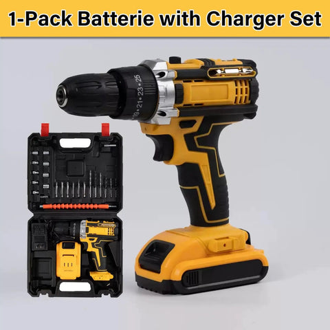 Heavy Duty Brushless Cordless Electric Drill Featuring Pro Level Torque Control And Snappy Variable Speed Trigger with battery and charger.