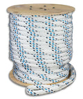 Workhorse 1 Inch X 300 Feet Polyester Double Braid Cable Pulling Rope With Stitched Eye Loops on a wooden spool.