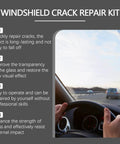 DIY Windshield Crack Repair Kit for Cars and Glass displayed with usage benefits and car windshield in background.