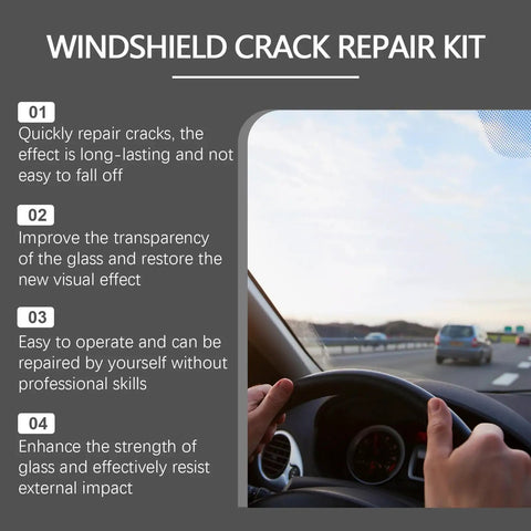 DIY Windshield Crack Repair Kit for Cars and Glass displayed with usage benefits and car windshield in background.