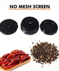 2.5 Inch Zinc Alloy Grinder With Magnetic Lid And Diamond Sharp Teeth No Screen Design For Pepper Salt And Coffee Beans, shown disassembled with chili peppers and black peppercorns nearby.