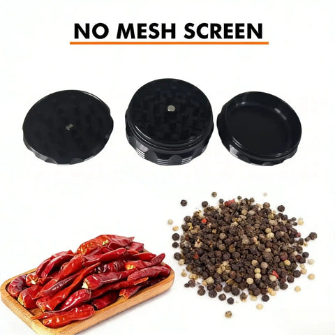 2.5 Inch Zinc Alloy Grinder With Magnetic Lid And Diamond Sharp Teeth No Screen Design For Pepper Salt And Coffee Beans, shown disassembled with chili peppers and black peppercorns nearby.