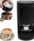 No Nonsense Electric Coffee Tamper 58mm Stainless Steel Press with responsive touch controls, espresso preparation process.