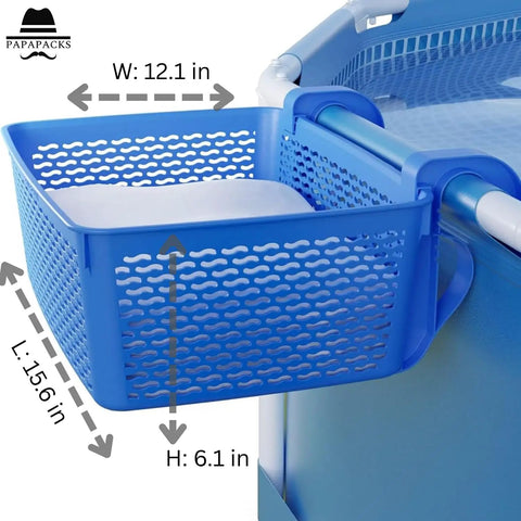 Two Pack XL Poolside Storage Baskets For Above Ground Pools Blue Easy Access Organizer Keeps Toys Goggles Drinks Neat And Within Reach Universal Fit For Most Frame Pools Up To 2.6 Inches Diameter Made In Europe attached to pool