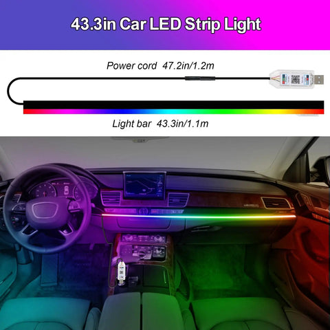 RGB Car Interior LED Strip Light 43.3 Inch With USB Port And App Control, Music Sync, 146 LEDs Fiber Optic Ambience Lighting