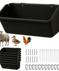 Premium 5 Qt Hanging Goat Feeders And Mineral Troughs 6 Pack Fence Mount with black bins, hooks, and animals for feeding.