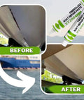 Before and after of boat hull repair using DIY Friendly Marine Grade Fiberglass Boat Repair Paste Kit With Scraper.