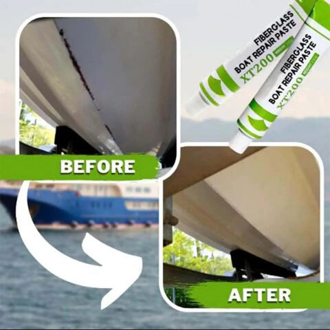 Before and after of boat hull repair using DIY Friendly Marine Grade Fiberglass Boat Repair Paste Kit With Scraper.