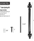 14 Inch Beefy Heavy Duty Self Closing Gate Spring For Wood And Vinyl Fences, Adjustable Tension, Rust Resistant Steel Outdoor Gate Closure Hardware, 4 Pack shown with 14-inch spring, rod, pin, and screw dimensions
