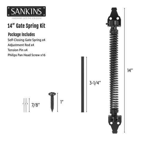14 Inch Beefy Heavy Duty Self Closing Gate Spring For Wood And Vinyl Fences, Adjustable Tension, Rust Resistant Steel Outdoor Gate Closure Hardware, 4 Pack shown with 14-inch spring, rod, pin, and screw dimensions