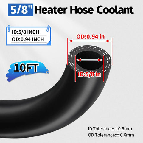 Five Eighth Inch Heater Hose, 10 Feet Long EPDM Double Spiral Radiator Coolant Line dimensions with ID and OD labels