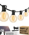 100Ft Solar String Lights With 52 LED Globe Bulbs, Warm 2700K Glow, Shatterproof Outdoor Hanging Lights, solar panel shown