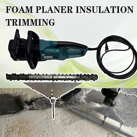 Electric Foam Planer with 27.5 inch cutting blade, designed for trimming spray foam insulation, jobsite ready.
