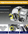Heavy Duty Cast Iron Indexing Dividing Head With 3 Jaw Chuck And Spiral Tailstock Offering Killer Precision Rotary Indexer Functionality For Drill Press And Cnc Milling, featuring a three-jaw chuck and clear scale.