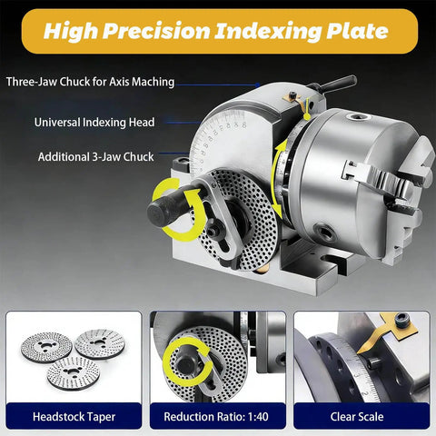 Heavy Duty Cast Iron Indexing Dividing Head With 3 Jaw Chuck And Spiral Tailstock Offering Killer Precision Rotary Indexer Functionality For Drill Press And Cnc Milling, featuring a three-jaw chuck and clear scale.