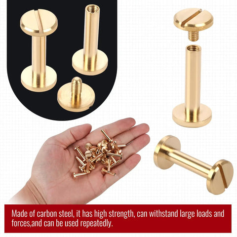 Premium Brass Chicago Binding Screws 4mm X 18mm With 10mm Phillips Nuts 25 Piece in hand; durable fasteners for leather crafts.