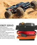Badass 20Kg Digital Servo With Full Metal Gears And Hella Smooth High Torque Core Motor Featuring Heavy Duty 25T Aluminum Horn For Rc Cars Robots Boats And Custom Builds, showing high torque servo beside an RC vehicle in action.