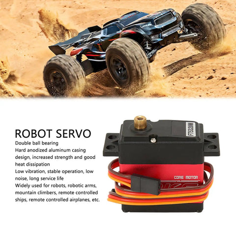 Badass 20Kg Digital Servo With Full Metal Gears And Hella Smooth High Torque Core Motor Featuring Heavy Duty 25T Aluminum Horn For Rc Cars Robots Boats And Custom Builds, showing high torque servo beside an RC vehicle in action.