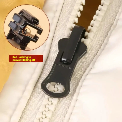Zipper Repair Kit With 3 Size Double-Sided Zipper Sliders And Pulls Fits Jackets Luggage Backpacks And Outdoor Gear No Sew Installation 6-Piece Universal Zipper Repair Set For Quick Fixes showing slider close-up on white fabric
