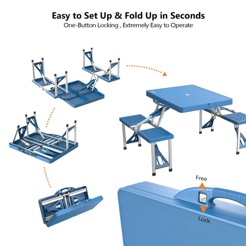 4 Ft Folding Picnic Table Set With 4 Seats And Umbrella Hole shown in setup and folded positions, lightweight aluminum and plastic