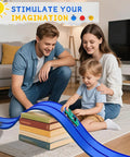 Family playing with Flexible Race Track For Kids 16 Ft Bendable Car Ramp Track Set With 16 Suction Cups indoors on carpet