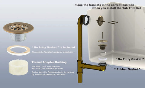 Diagram showing installation of Champagne Bronze Trip Lever Tub Trim Kit with Overflow Face Plate and Strainer No Putty Gasket.