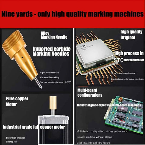 Hella Precise Pneumatic Dot Peen Marking Machine Portable Metal Engraver showing alloy marking needle and microcontroller details.