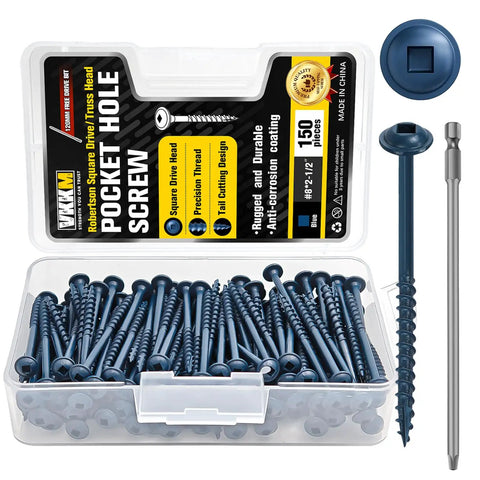 Box of Eight By Two And A Half Inch Pocket Hole Screws, 150 Pieces, Carbon Steel, Internal Square Drive, Blue Coated Finish