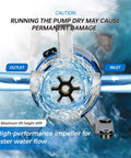 Close-up of Go To Water Transfer Pump 115V One Tenth HP 330 GPH with high-performance impeller for faster water flow and inlet-outlet labels.