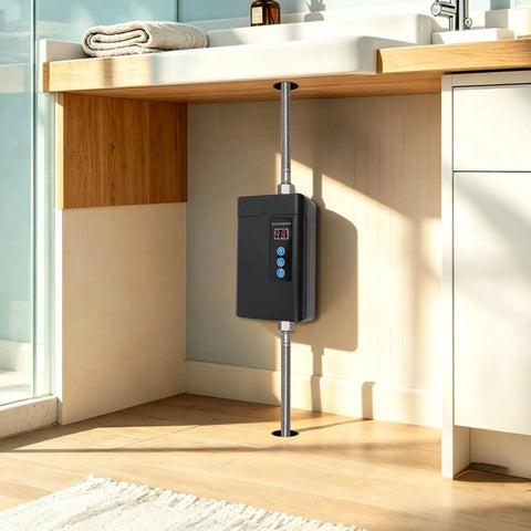Bulletproof 3000W Tankless Water Heater With LCD Screen installed under a sink, showcasing sleek black design and connected plumbing.