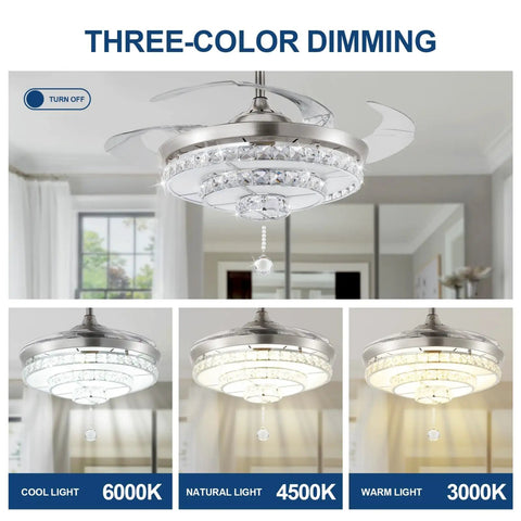 Crystal Ceiling Fan With Lights Retractable Fandelier In Modern Chrome Remote Control 3 Speeds 3 Color Temperatures Noise Free Operation Indoor Outdoor Ready For Living Room Patio And Bedroom Luxe Showstopper Centerpiece with three color light settings
