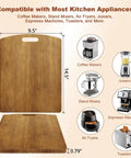 Solid Wood Sliding Tray For Coffee Makers And Heavy Kitchen Appliances, 360-Degree Rolling Wheels, Quiet Glide, Under-Cabinet Access, Heavy-Duty Appliance Slider For Easy Reach And Organization shown with product dimensions and compatible appliances