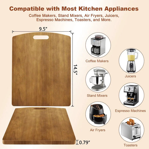 Solid Wood Sliding Tray For Coffee Makers And Heavy Kitchen Appliances, 360-Degree Rolling Wheels, Quiet Glide, Under-Cabinet Access, Heavy-Duty Appliance Slider For Easy Reach And Organization shown with product dimensions and compatible appliances