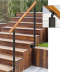 Built Tough Adjustable Solid Wood Outdoor Handrail Kit With Heavy Duty Iron Brackets For Staircase Porch And Terrace Steps showing wooden rail and iron bracket.