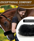 3 Pack Black Noseband Covers For Horses With Soft Fleece Padding shown on horse and close-up of fleece material